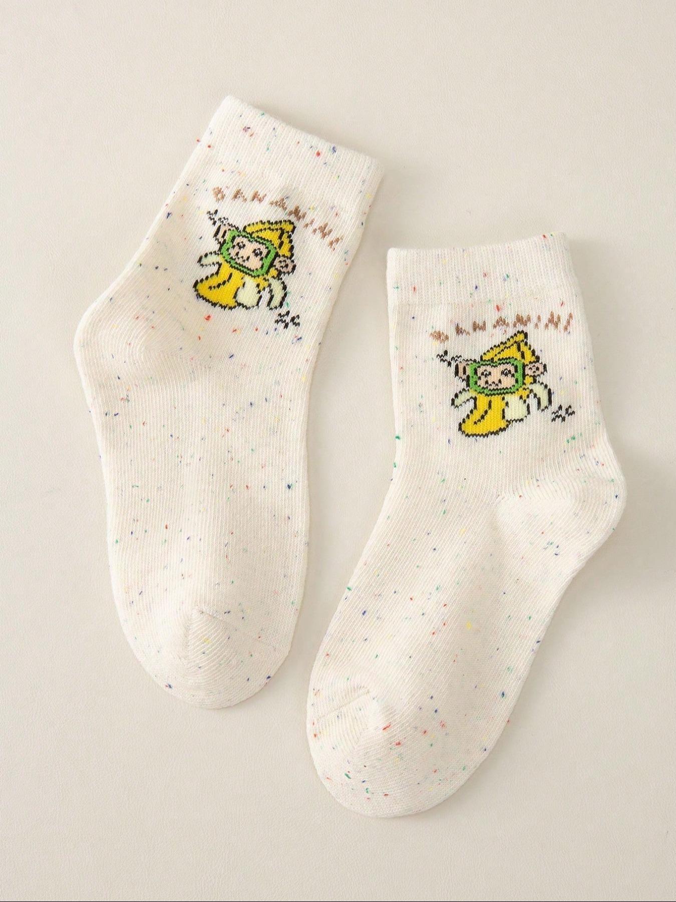 5 Pairs Kids Socks, Student Mid-Calf, Shark Pattern, Banana Monkey Cartoon, Fun Personality, Soft Comfortable, Daily Wear