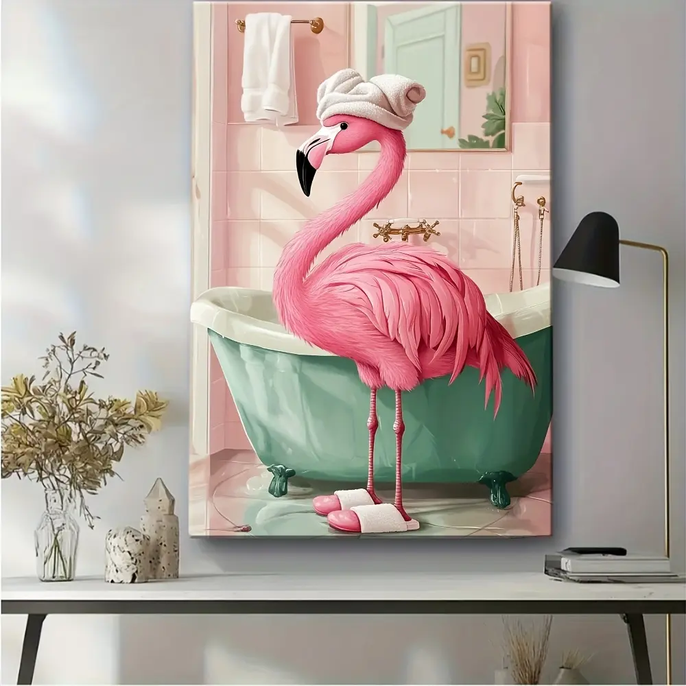 1Pc Gallery Wrapped Canvas Pink flamingo bathroom canvas art Wall Art, HD Printed Canvas Print, Ready to Hang, Wooden Frame, Fade Resistant, Modern Wall Decor for Living Room, Bedroom, Bathroom, Kitchen & Office