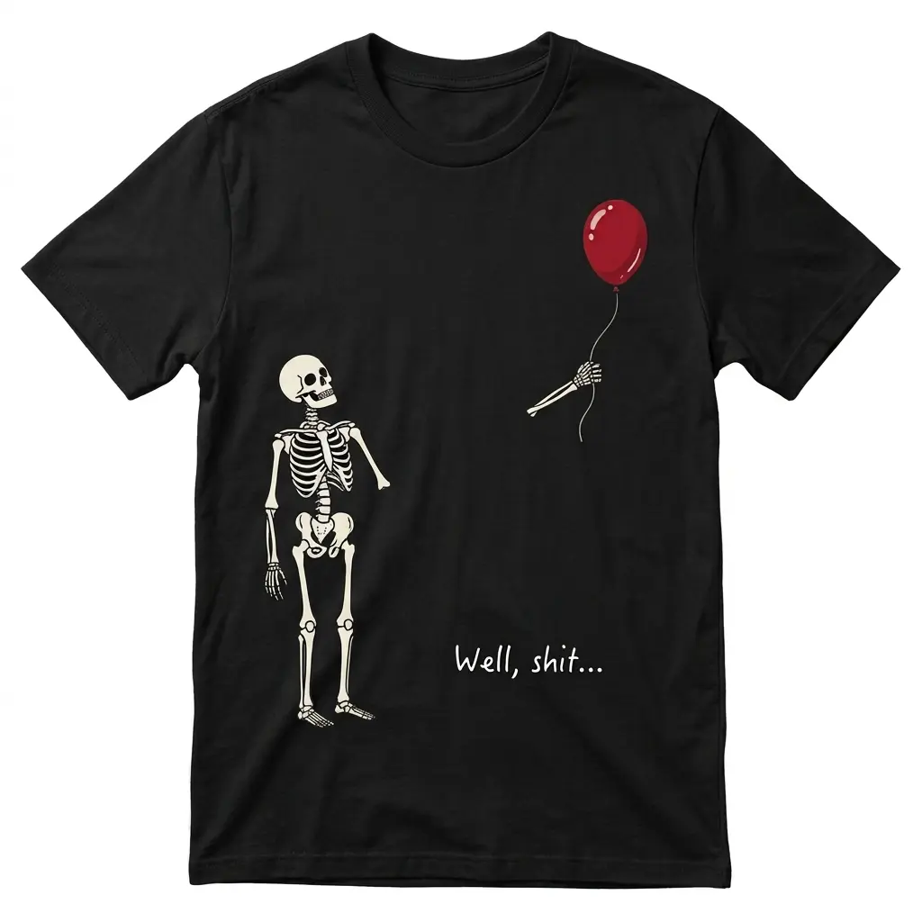 Funny Skeleton Graphic Tee |   Sarcastic Saying "Well Shit" Red Balloon Shirt Unisex Gift