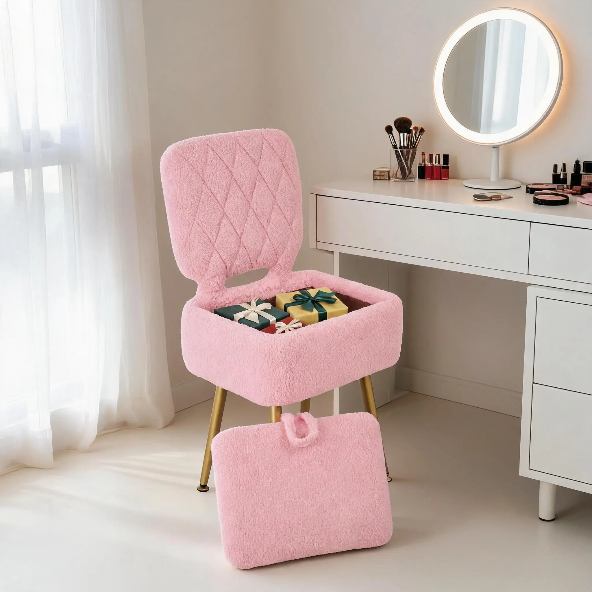 Small Vanity Stool Chair with Storage –  Foldable Backrest Makeup Stool for Bedroom, Small Dorm Desk Chair, Modern Dressing Table Stool with Hidden Storage & Metal Legs