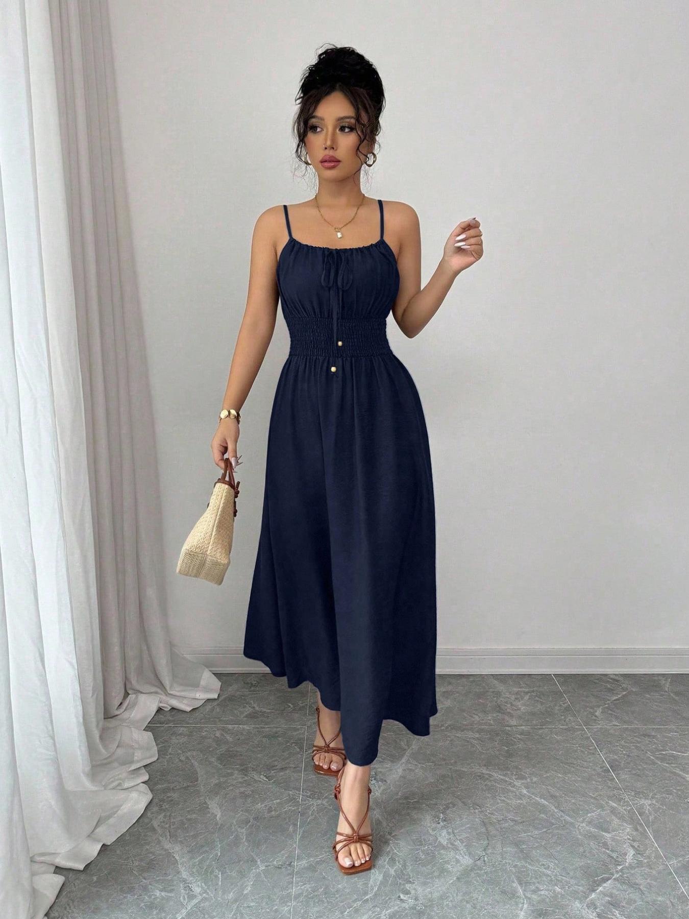 A women's fashionable and high-end French gentle style waist cinching sleeveless camisole dress with lace up bead design, Summer Casual Sundress, suitable for summer, beach wear, dates, dinners, and travel.