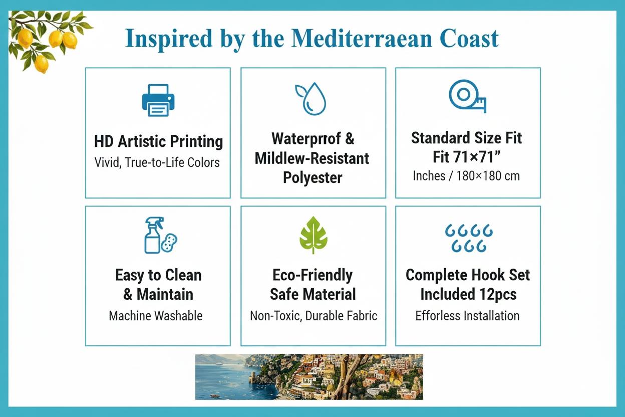 Vintage Amalfi Lemon Coast Bath Curtain, Italian Sea View Fabric Bathroom Curtain, Soft Polyester, Home Decor, Hotel Bathroom Decor