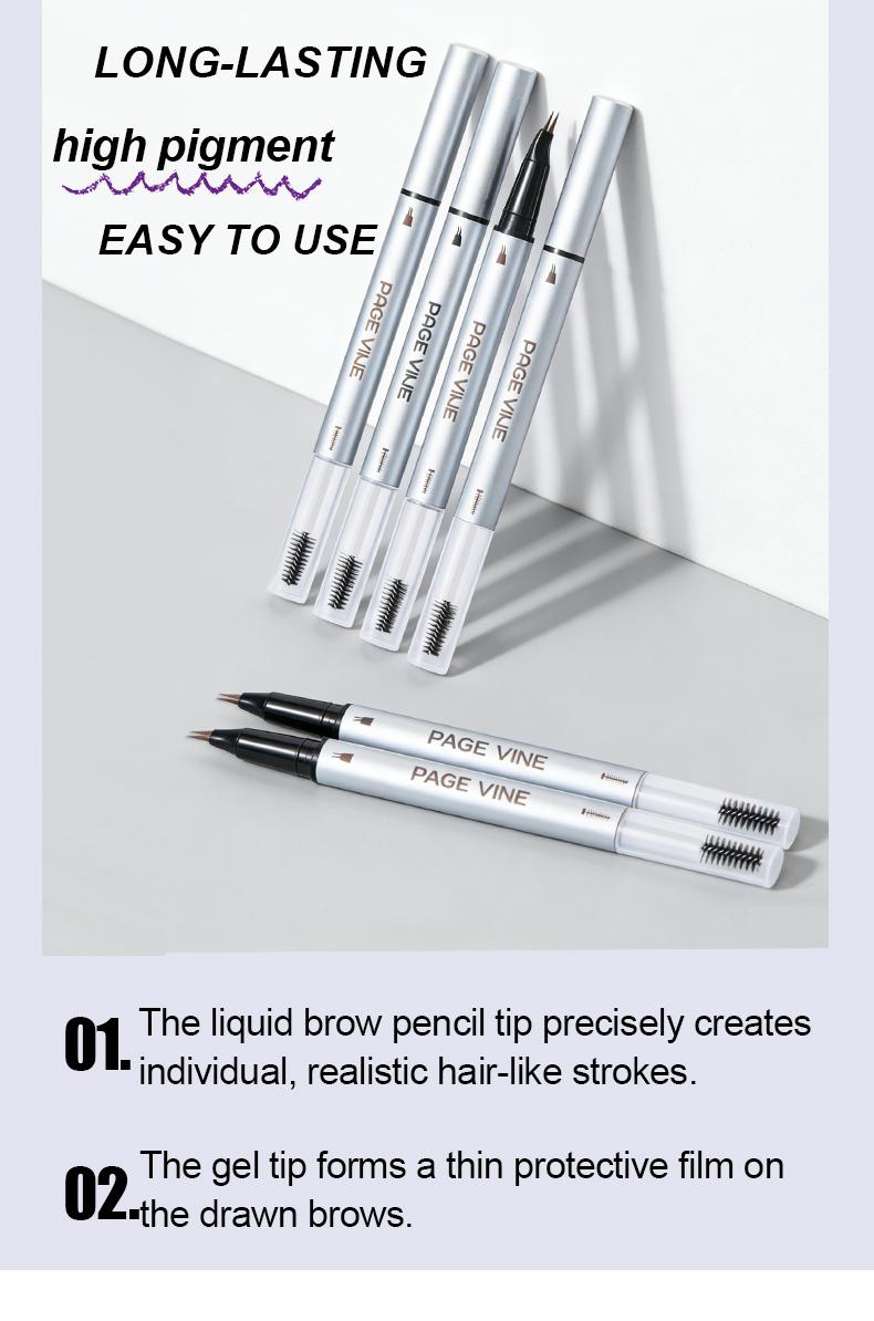 New Upgraded 2-in-1Waterproof Liquid Eyebrow Pencil Brush Set, 4 Fork Design, Long-Lasting Natural Look, Suitable for All Skin Types
