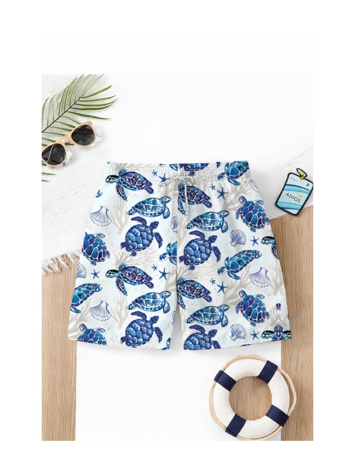 Summer Boys' Turtle Print Drawstring Beach Pants, Kids Casual Short Swim Trunks, Slim-Fitting, Cartoon Pattern, Ideal for Vacation