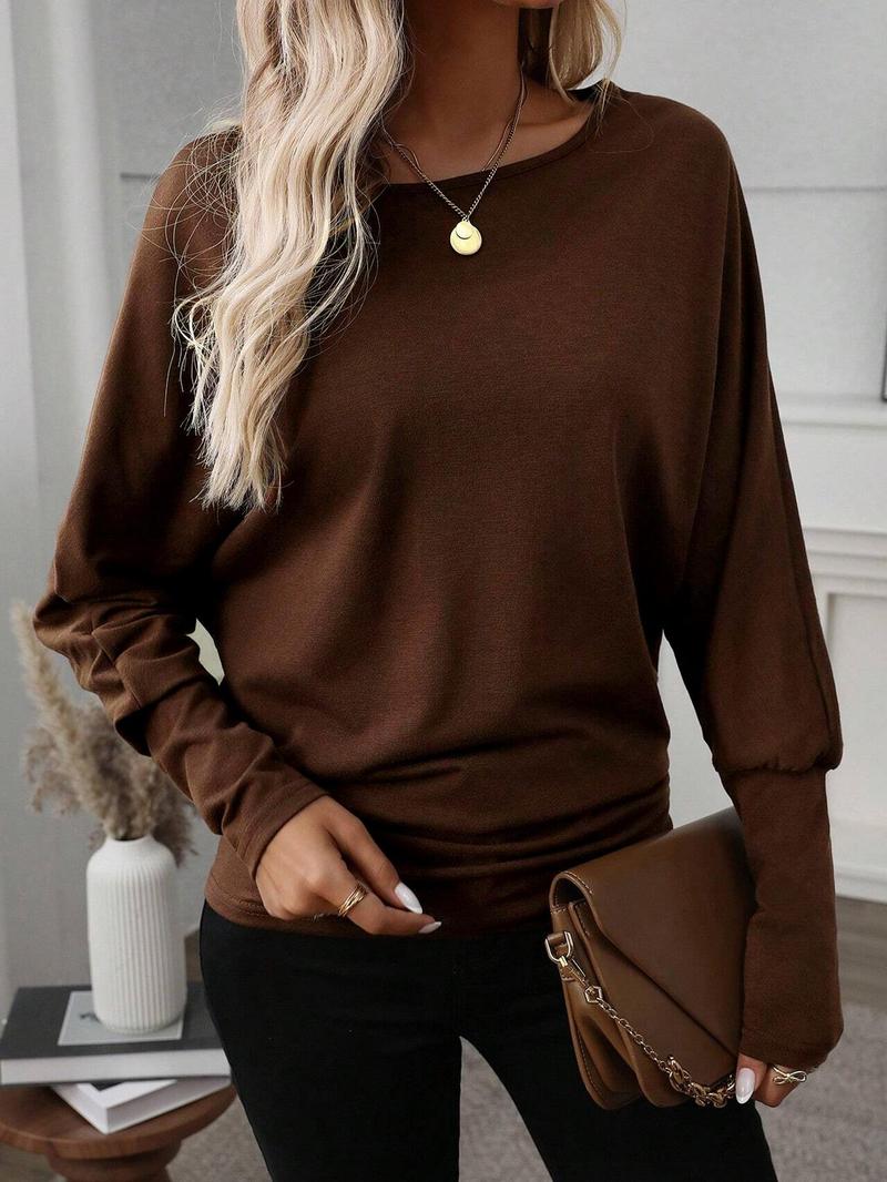 Women's Batwing Sleeve Solid Color T-Shirt, Stretchy Long Sleeve Top, Casual Fashionable Top, Warm Base Layer, Perfect for Everyday Wear & Parties