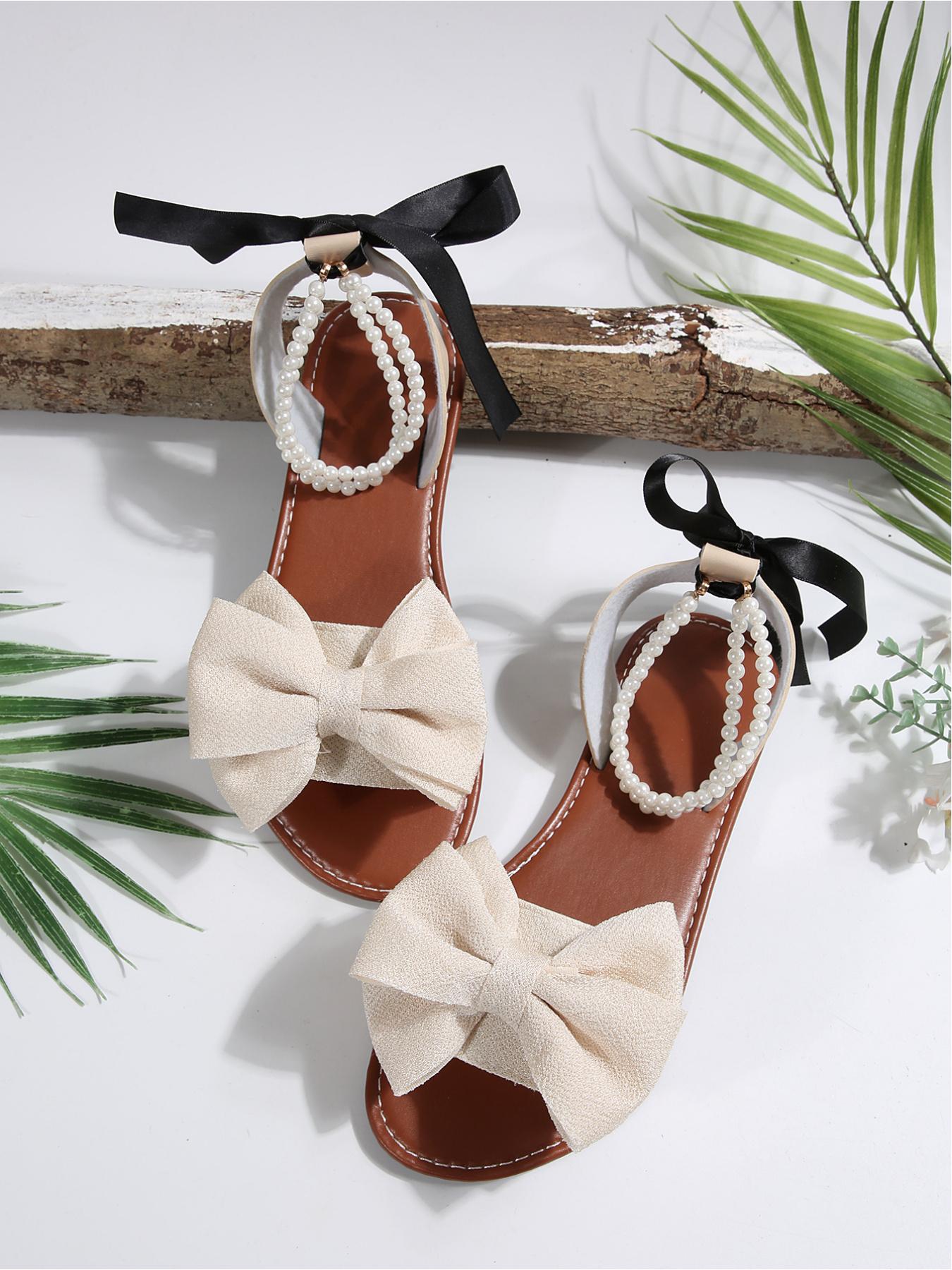 Women's Bow Decor Pearl Ankle Strap Flat Sandals, Open Toe Lace Up Bohemian Beach Shoes, Sizes 36-43 Multiple Colors