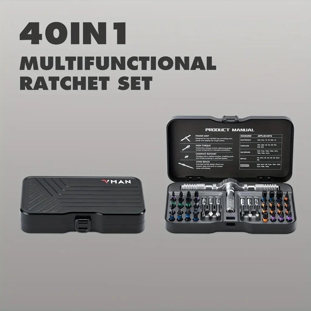 40-In-1 Ratchet Screwdriver, S2 Steel Tip, Magnetic Design, Multi-Functional Tool for Electrical Repair, Home Improvement, Bicycles, Hardware Tools