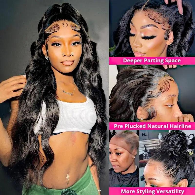 NEW IN 360 Full Lace Frontal Human Hair Wigs 30 32 Inch For Women Brazilian Body Wave Transparent Lace Front Pre Plucked Ponytail Hairstyle Bala Mat Scrunchie Natural Black Beaded