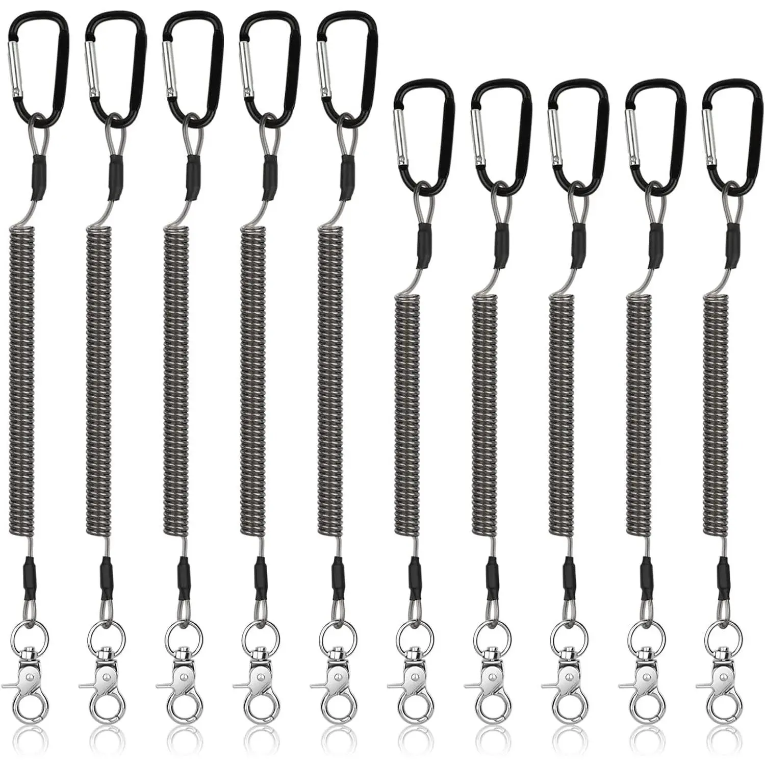 Fishing Lanyards, 10 count Retractable Fishing Tool Coiled Lanyard with Carabiner , 2 Sizes Leash Tether for Pliers Kayak