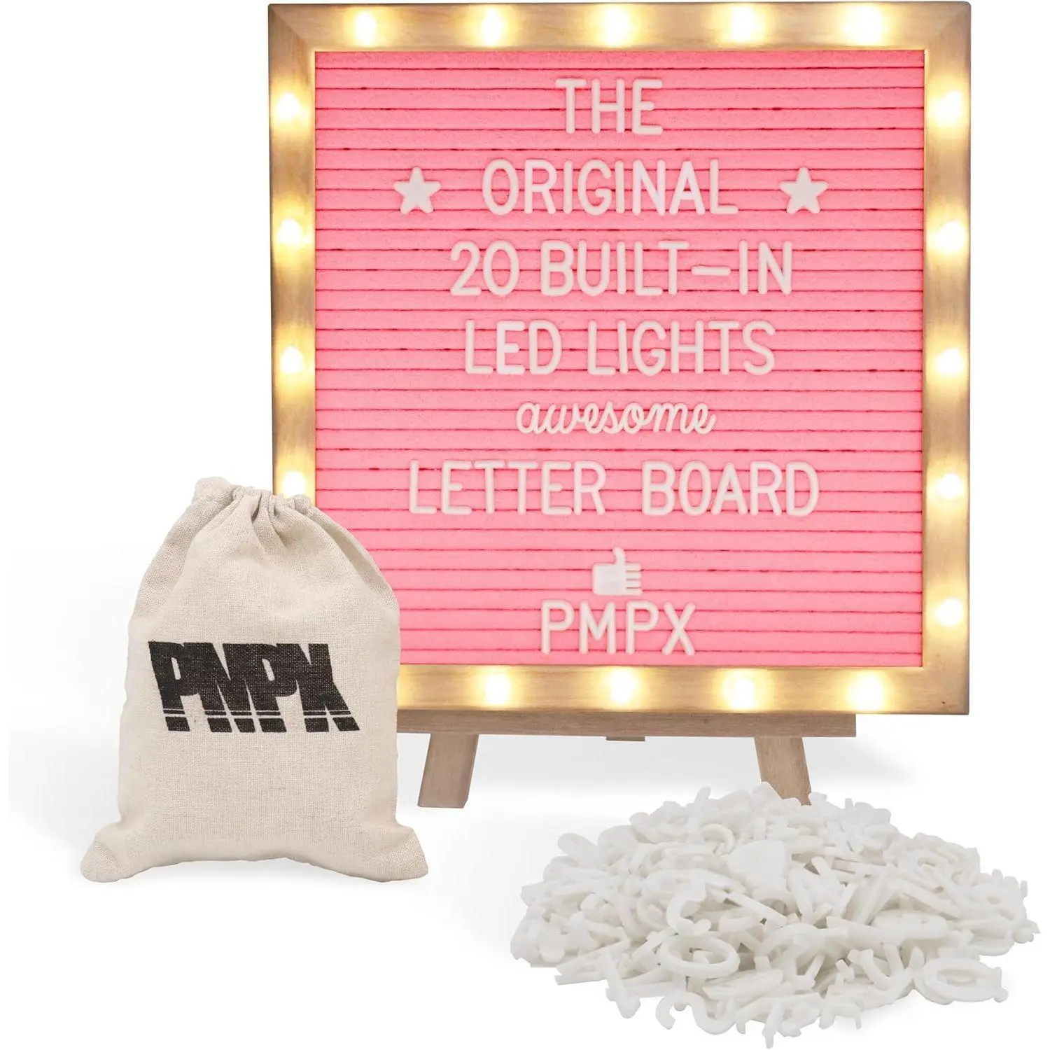 Letter Board THE ORIGINAL Pink Felt Board with Stand, Built-in LED Lights 10 10 -Menu Board + Wood Frame, 340 Letters, Emojis + Cursive words - Custom Sign Messages, Pregnancy Announcement, Weddings