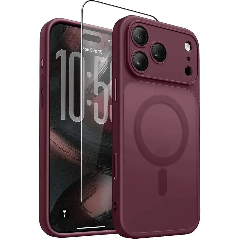 Magnetic Shockproof Burgundy Phone Case with 1 Pack HD Tempered Glass Screen Protector, Compatible with iPhone 18 Pro Max,17 Pro,16 Pro,15 Pro Max,14Pro,13,12,11