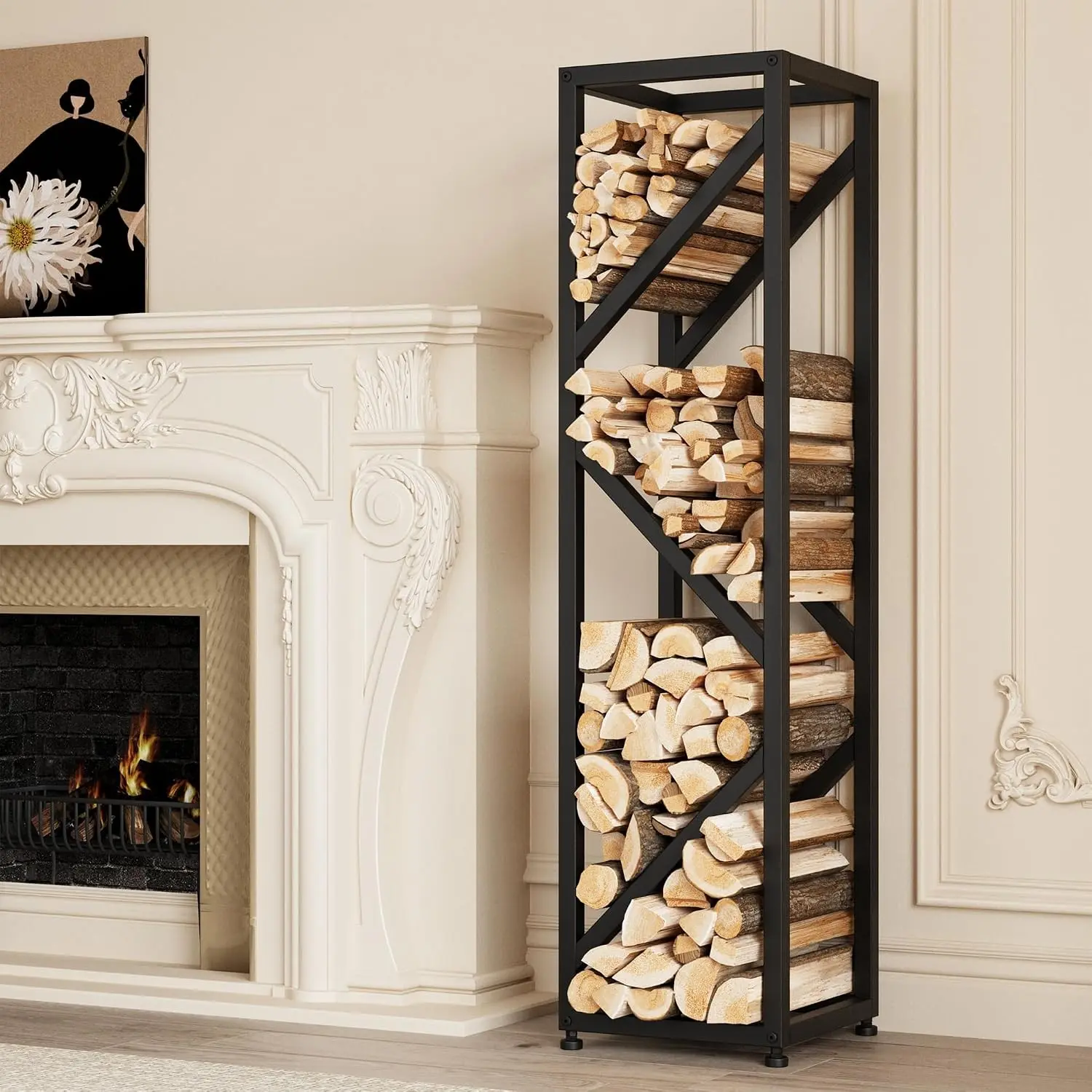 Firewood Rack Indoor 47 Inch Tall, 4-Tier Heavy-Duty Firewood Holder for Fireplace with Minimalist Style, Decorative Log Rack, Flexible Storage, Space-Saving, Easy Assembly, Black