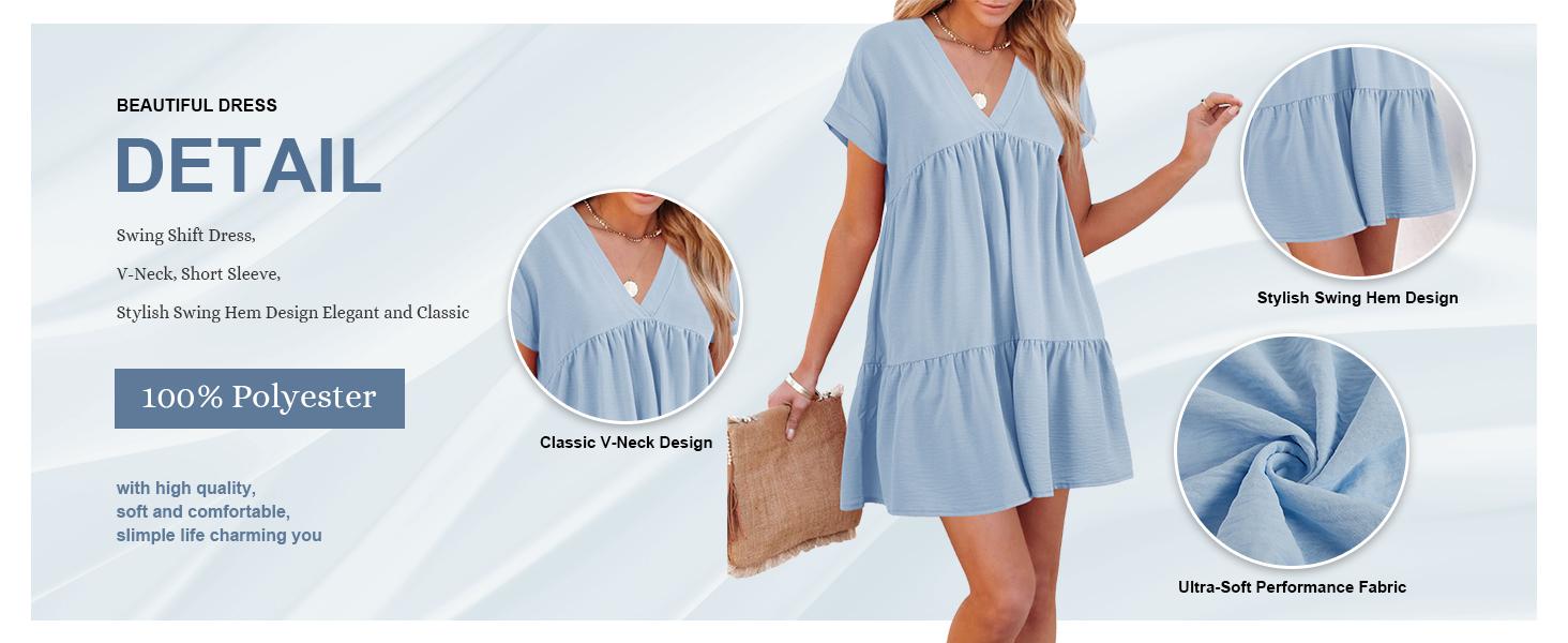 LAICIGO Women Summer Simple Style V Neck Flowy Babydoll Dress Comfy Loose Fit Short Sleeve Mini Tunic Dress Beach Dresses