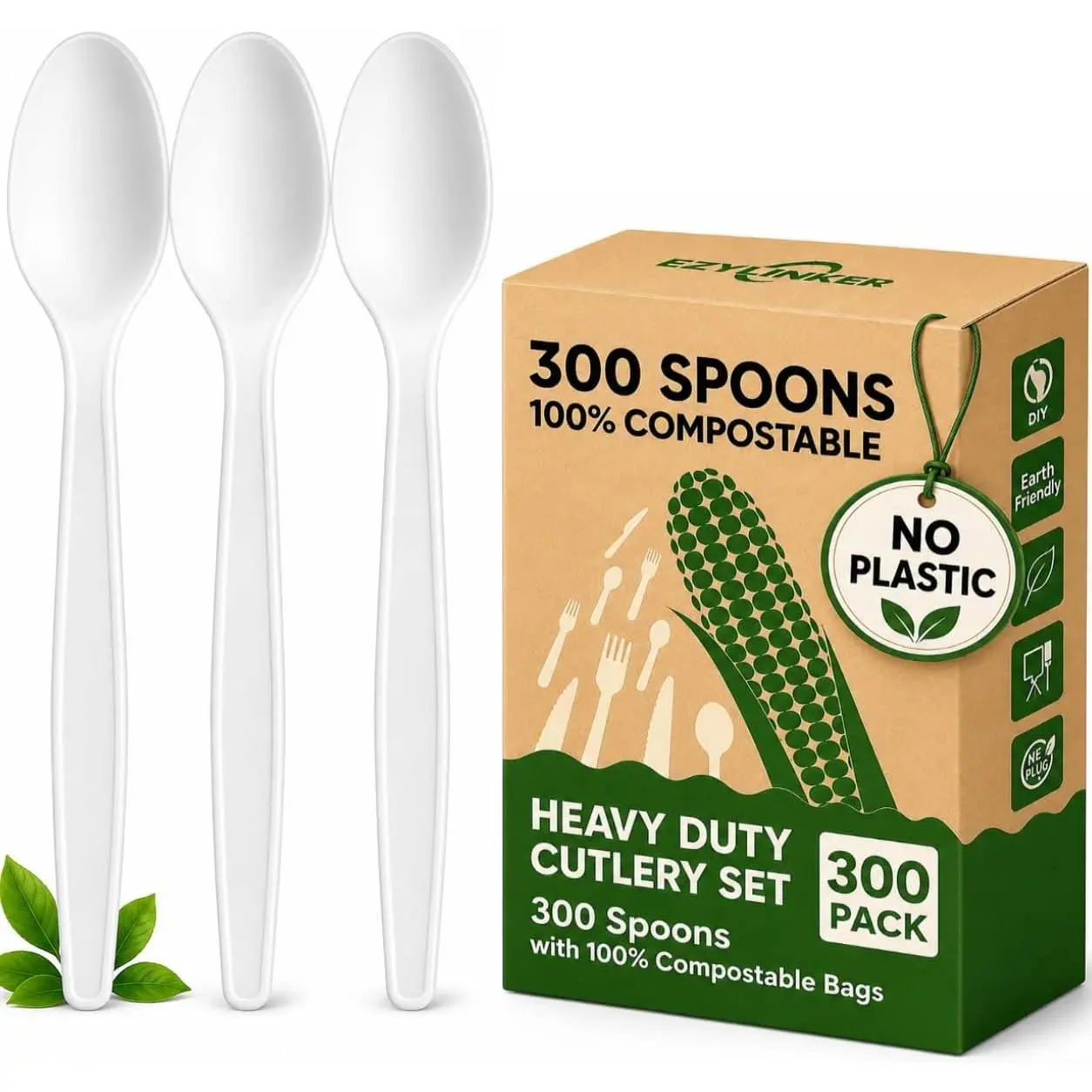 300-Count Compostable Spoons - , Heavy Duty BPI Certified, Plastic-Free Disposable Spoons for BBQ, Camping, Events - -Based No Plastic Spoon Set