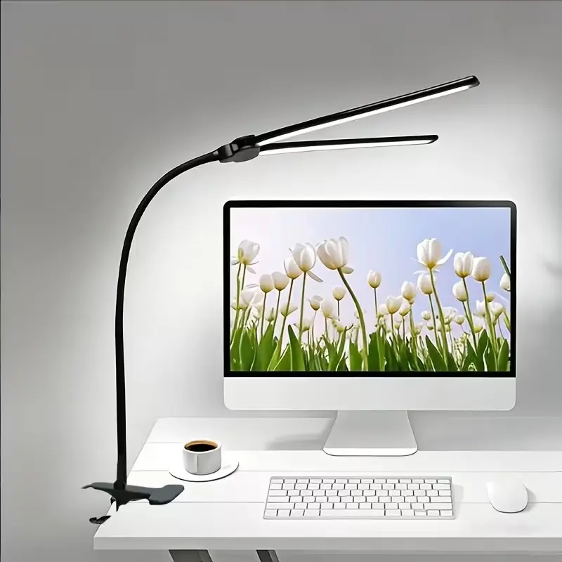 Dual-Head Clip-On Desk Lamp, Adjustable LED Office Light with Flexible Gooseneck, USB-Powered for Reading, Studying, Workspace Lighting, Dimmable Desk Lamp, Dimmable Lamps, Dimmable Desk Lights, Black, Suitable For Piano, Monitors, Office, Computer Lamp