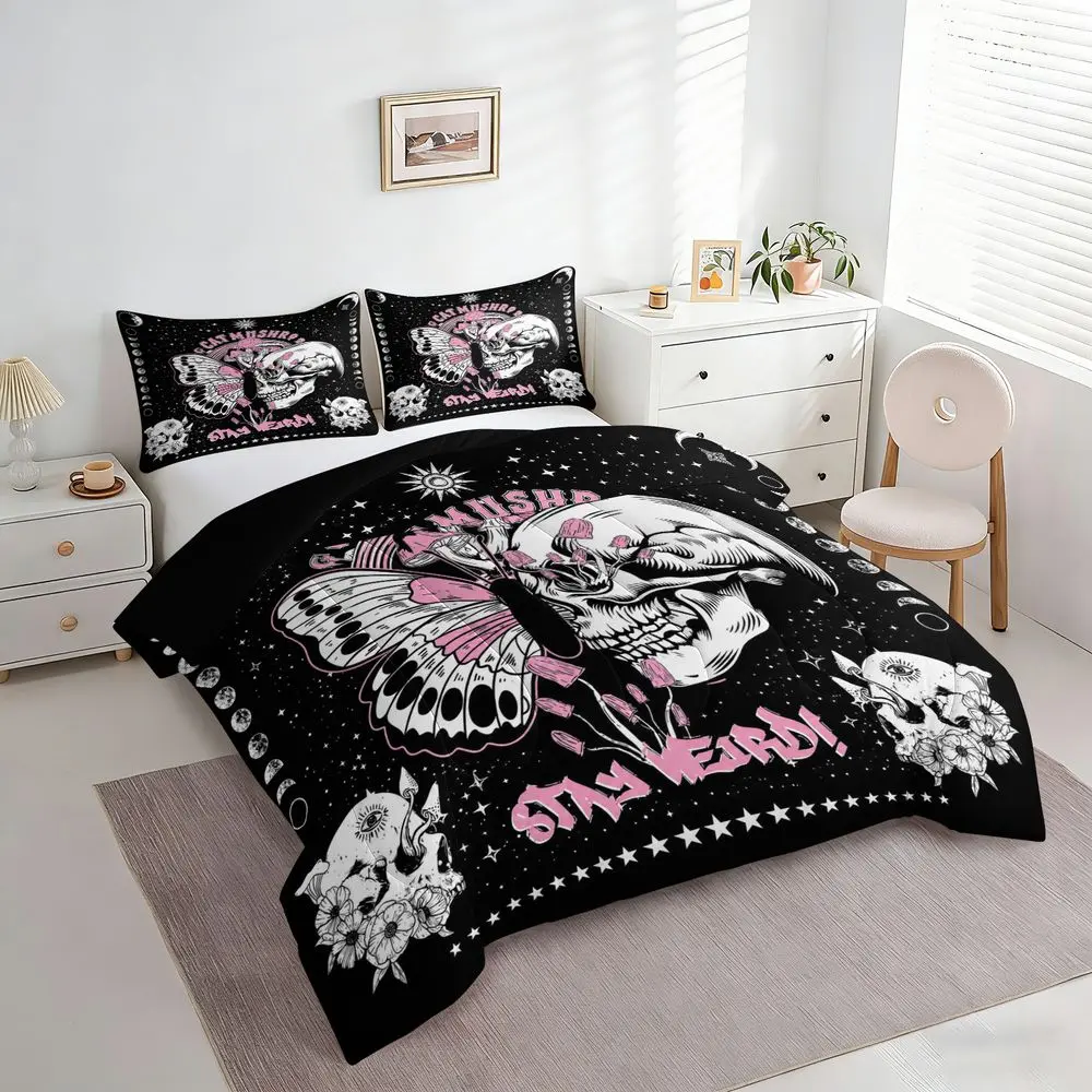 2/3Pcs Gothic Skull Mushroom Comforter Set, Butterfly Celestial Bedding Set, Soft Microfiber Quilt with Pillowcase, Witchy Aesthetic Bedroom Decor for Teens & Adults No Pillow Core
