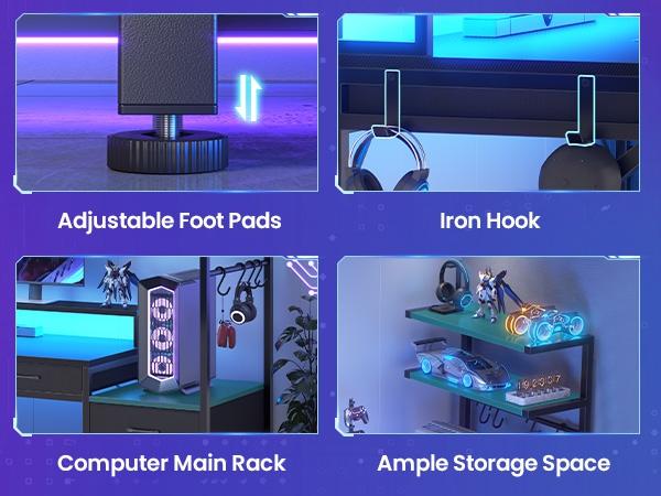 SEDETA 55 Inch Reversible Gaming Desk with 6 Drawers PC Desk with LED Lights Power Outlet Corner Computer Desk with Monitor Stand