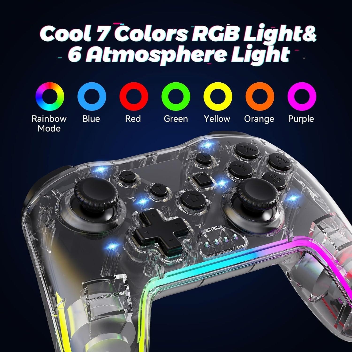 Wireless Game Controller for Switch Lite Oled PC Android iOS, Rechargeable Gaming Joystick with 7 Color RGB Lights and 3D Analog Stick, Universal Controller