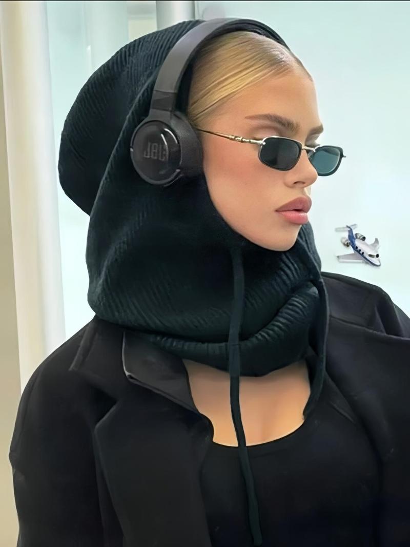 Women's Winter Hooded Scarf Beanie, Casual Fitted Knit Hat with Large Brim, Warm Fashionable Neck Warmer for Daily Wear, Knitting Beanie