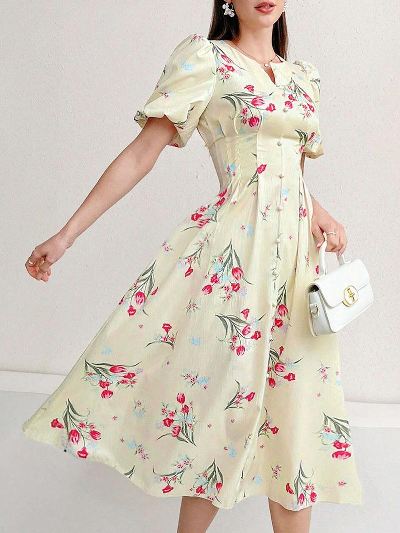 Women's Floral Print Puff Sleeve Dress, Elegant Short Sleeve A Line Dress for Party Holiday Wedding Guest, Ladies Clothes for All Seasons, Womenswear, Shortsleeve, Formal Dresses Women, Wedding Gown