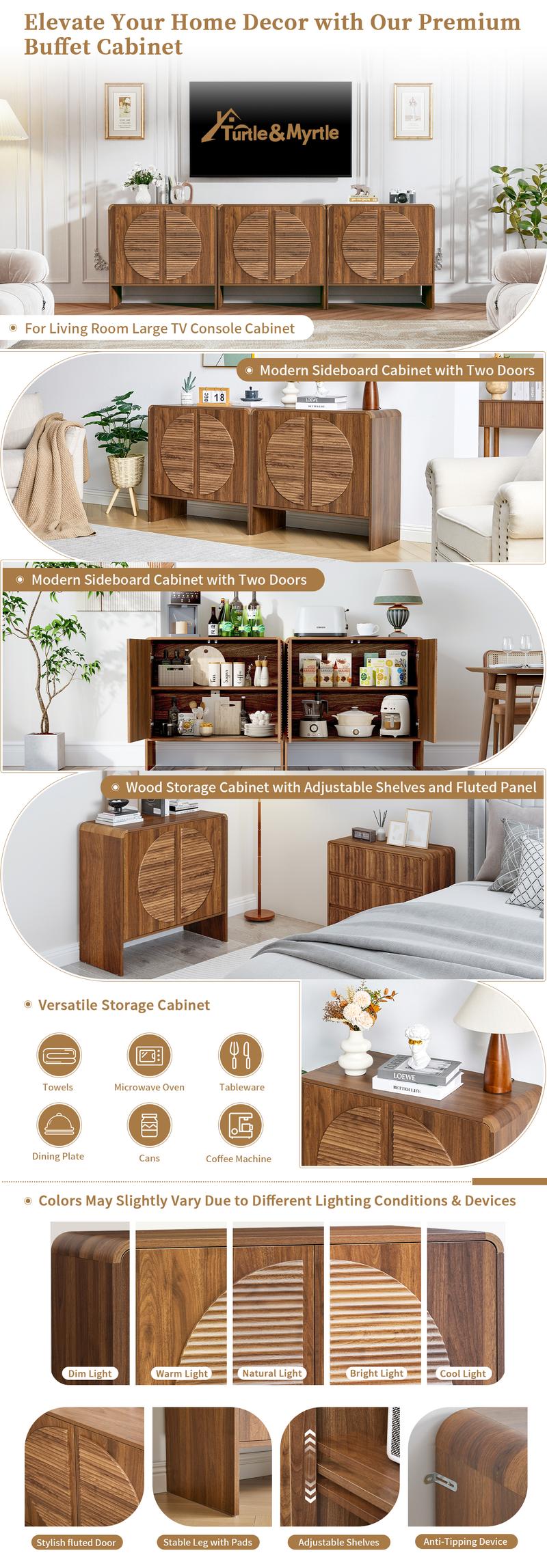 Giratree Mid-Century Fluted Wood Sideboard Buffet – 31" Curved Storage Cabinet with Round Textured Doors & Adjustable Shelves, Brown Accent Credenza for Living Room or Kitchen