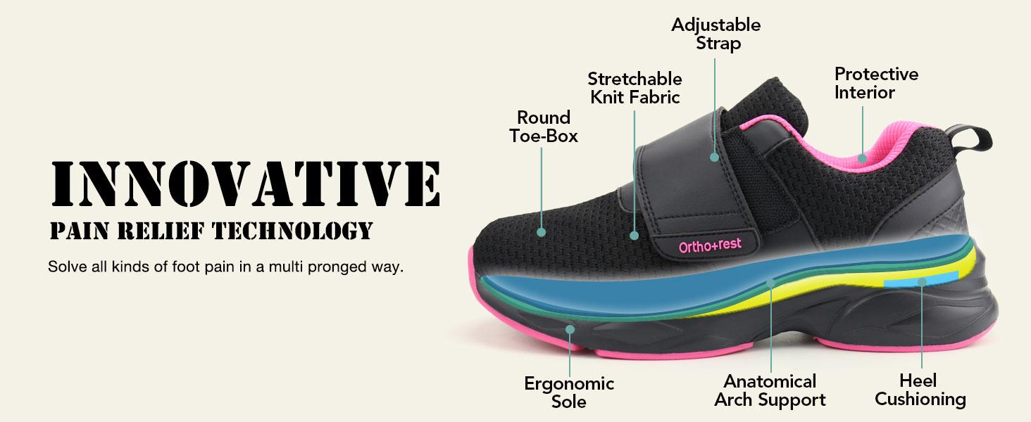 Ortho+rest Women Accommodating to Diabetic-Friendly Shoes with Adjustable Closure Walking Shoes Edema Shoes Suitable for Swollen Feet Sneaker Girl Runner Black Springtok Training