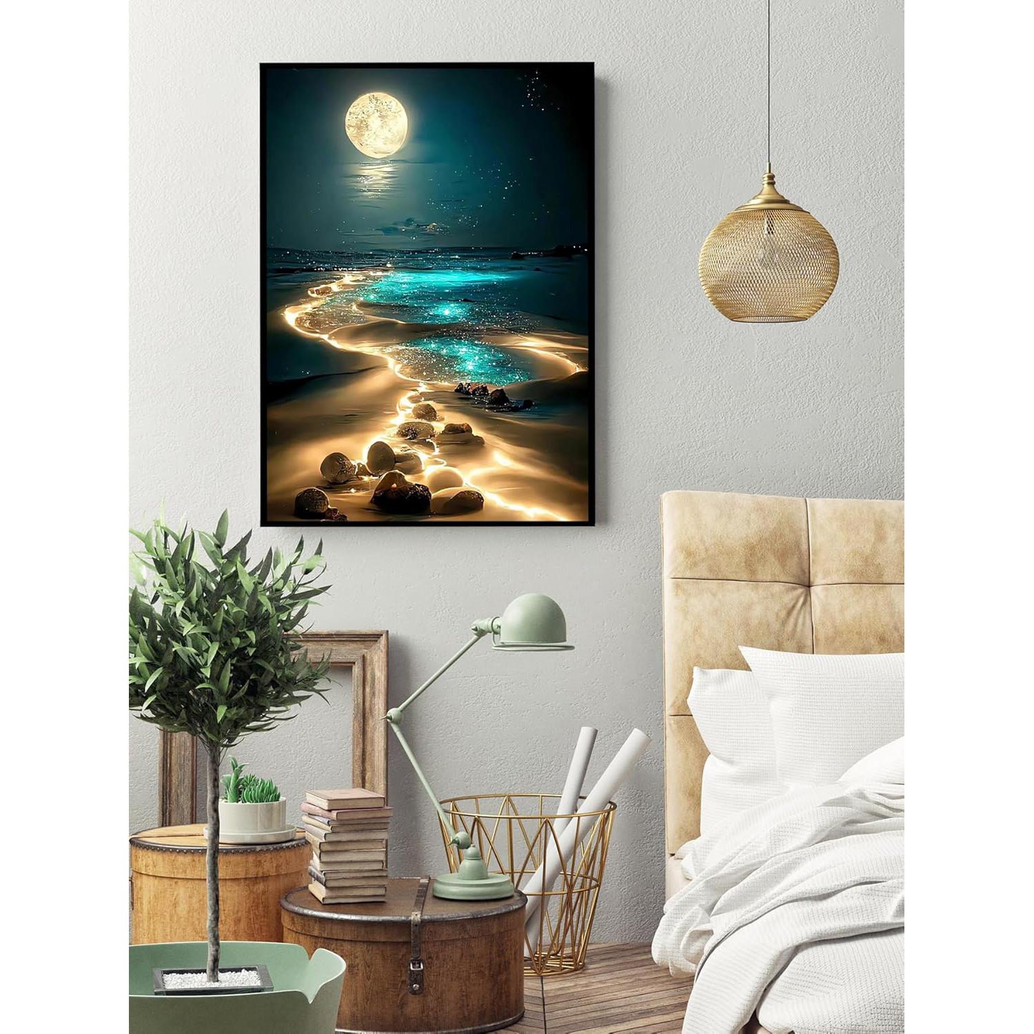 Adult Moonlight Beach Diamond Painting Kit, 5D Coastal Moonlight Diamond Art Set for Beginners, DIY Full Drill Diamond Painting, Home Wall Decor, 12x16 Inches