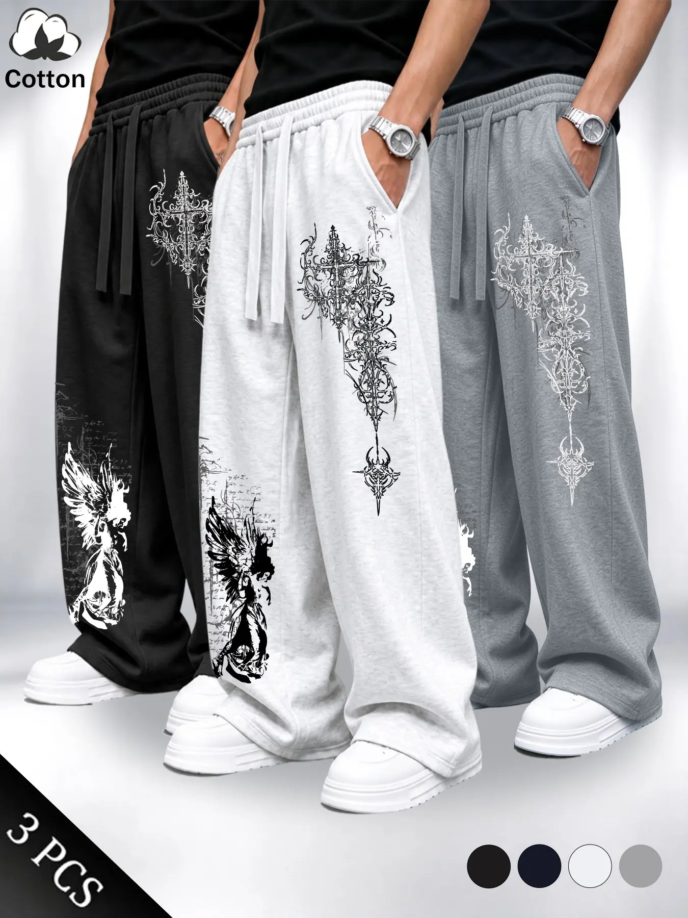 3-Pack Men's Cotton Blend Casual Pants, Soft Fabric, Adjustable Drawstring, Gothic Angel Cross Print, Home & Streetwear, Value Set