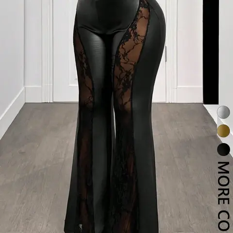 1 High Waist Lace Sheer Panel Leather Flared Cut Flare Pants Women | Stretchy Bodycon Bell Bottom Pants | Nightclub Party Baddie Wear | Gothic Y2K Streetwear