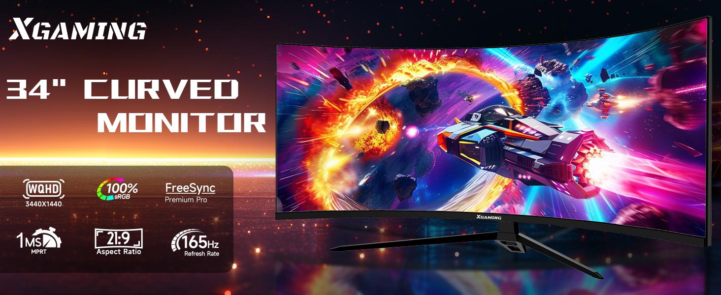 34-Inch Ultrawide Curved Gaming Monitor, 3440x1440 WQHD, Up to 165Hz, 1ms, 1500R Curvature, 100% sRGB, FreeSync Premium, HDMI 2.0 & DisplayPort 1.4, Wall Mountable - Black