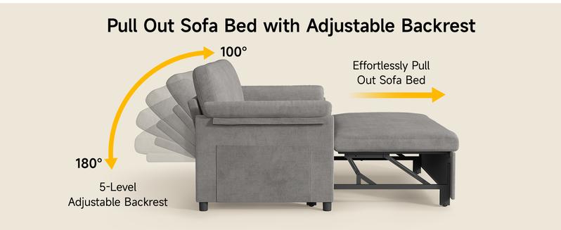 【Valentine's Day gift】ONBRILL 60" Convertible Sofa Bed, 3 in 1 Loveseat Sleeper Sofa Couch Bed with Pull-Out Bed, Chenille Pull Out Sofa Bed w/Adjustable Backrest, Side Pockets, Small Couches for Living Room