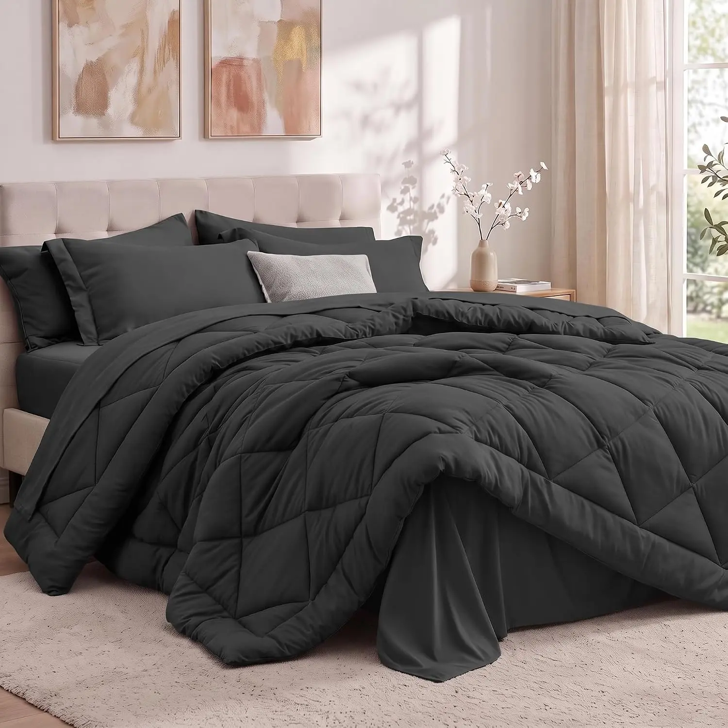 Queen Size Bedding Comforter Set - 7-Piece Bed in a Bag, Dark Grey, Cosy, Soft Aesthetic, Warm and Comfy, Feel Cosy