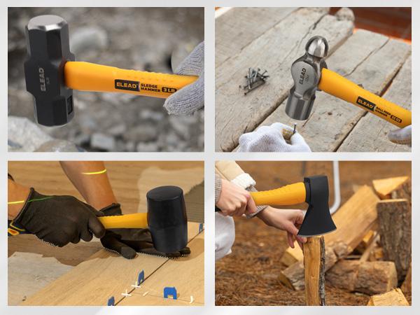 ELEAD 6-Piece Mallet Hammer Set, Fiberglass Handle Forge Steel Head, 32oz Rubber Mallet & Ball Peen Hammers, 16oz Ball Peen Hammer, 3LB Sledge & Cross Peen Hammers, 600g Wood Split Axe