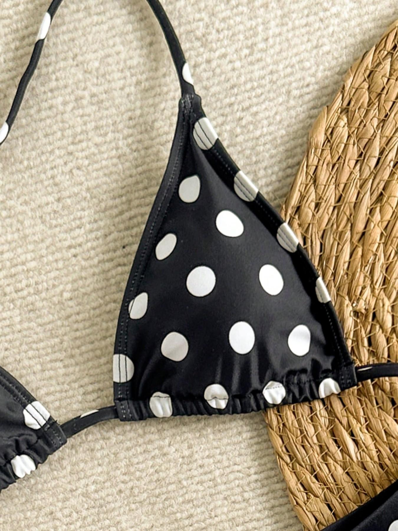 Women's Two-Piece Swimsuit Set, Vacation Beach Wear, Swimsuit Style Bikini, Comfortable Fit, Sexy Halter Polka Dot Bow, Ideal for Pool Party