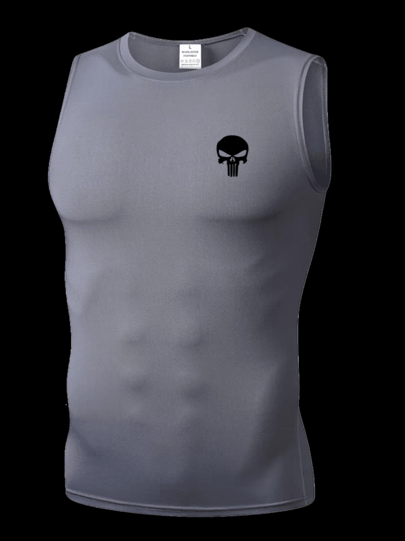 Men's Short Sleeve Sporty Tee, Quick-Dry Breathable Skull Print, High Elasticity, Lightweight, Ideal for Gym, Running, Boxing, Casual Wear