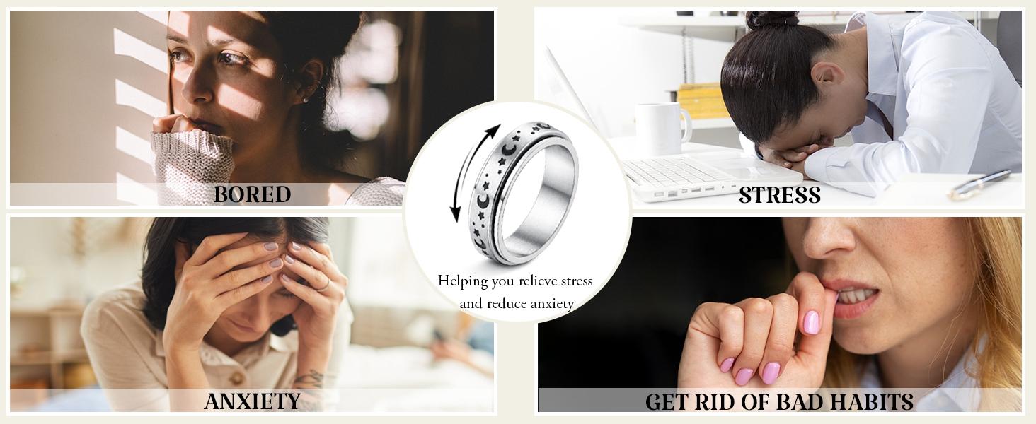 Stainless Steel Fidget Anxiety Ring for Women Men Fidget Spinner Rings Moon Star Celtic Stress Relieving Spinning Ring Wedding Band Rings Set,4-6Pcs
