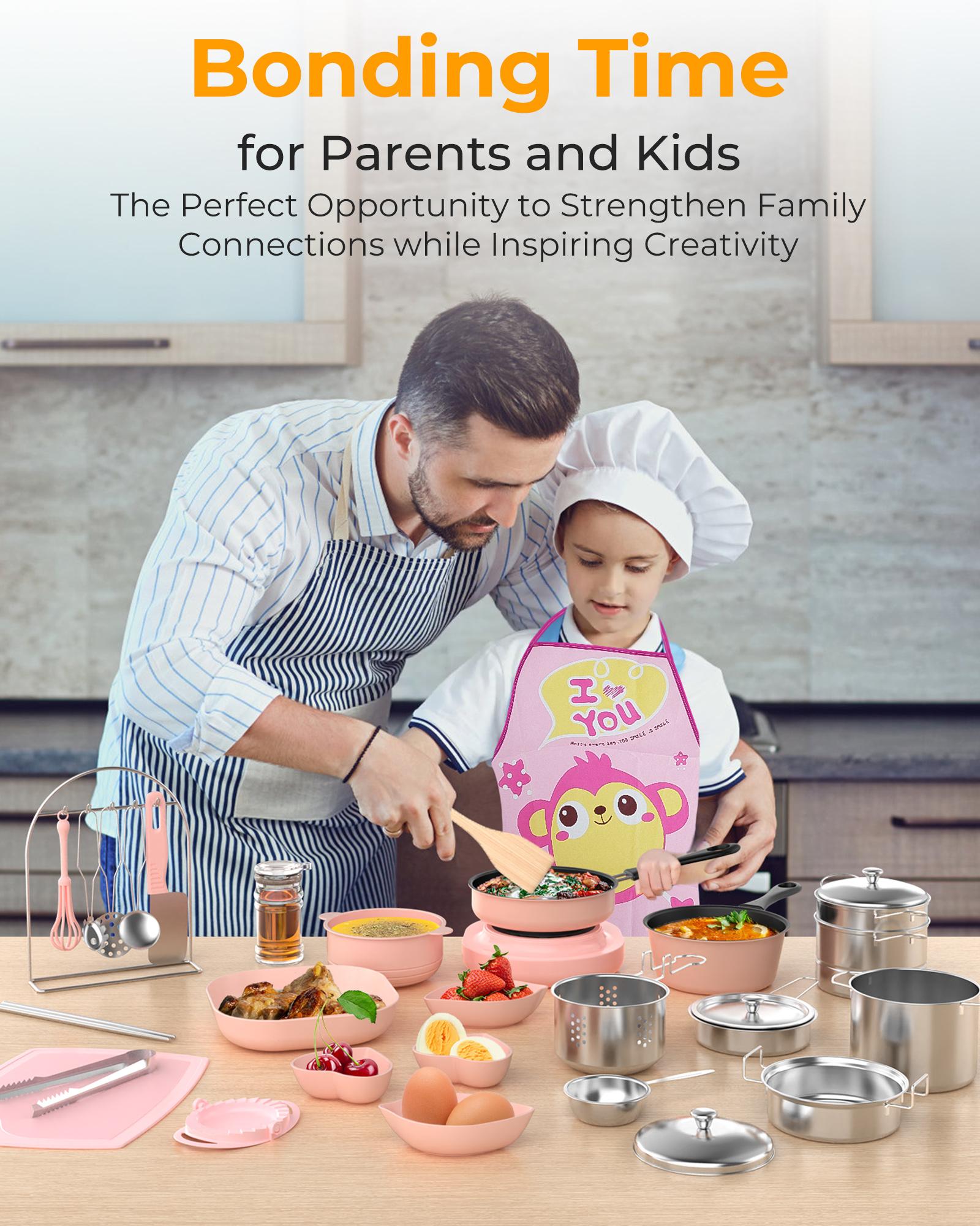 Kids Cooking Set Ages 8–12 (Pink/Blue) | Mini Kitchen Beginner Kit | Montessori Life Skills Pretend Play Toy w/ Safe Knife & Cooking Tools | Birthday & Holiday Gift