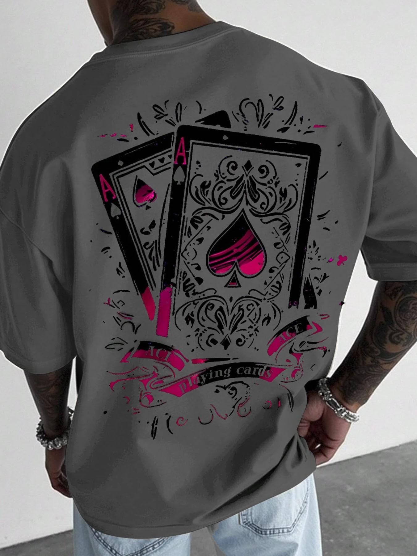 Men's Casual Short-Sleeve T-Shirt, Long Vintage Street Style Ace of Spades Playing Card Print, Loose and Versatile Top, Suitable for Hip-Hop Fashion, Streetwear and Daily Wear
