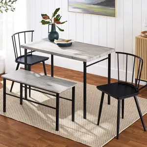 4-Piece Farmhouse Kitchen Dining Table Set Including Solid Dining Table 2 Spindle Windsor Chairs One Long Dining Bench Rustic Style Dinner Furniture Combo for Family Daily Indoor Kitchen Dining lid holder