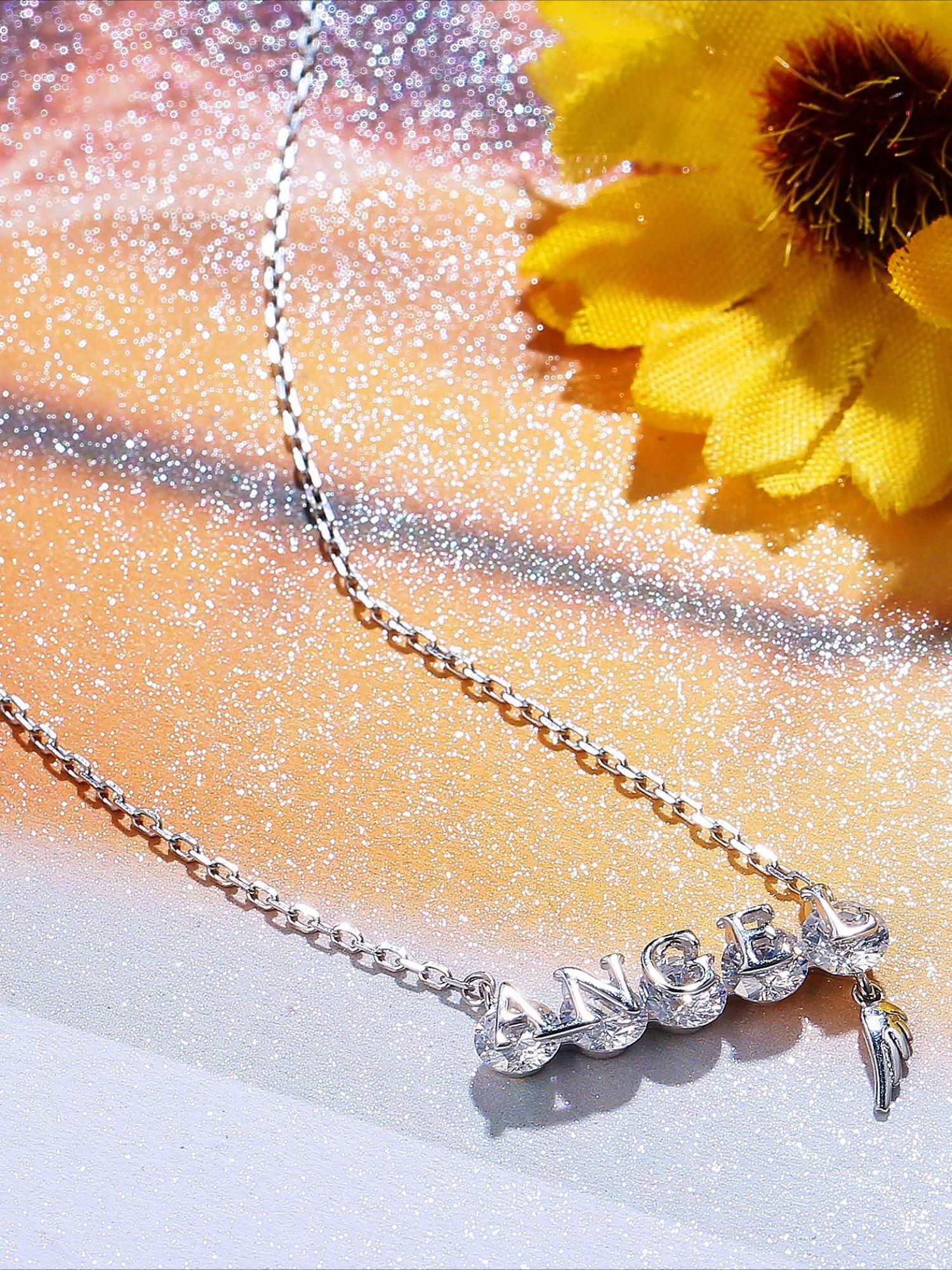 1 Pc Elegant Silvery ANGEL Letter Necklace with Sparkling Swarovski Crystal for Women Men Angel Wing Charm Trendy Meaningful Jewelry Piece Constructed with Durable Hypoallergenic Copper Lightweight Skin-friendly Ideal for Prolonged Daily Wear