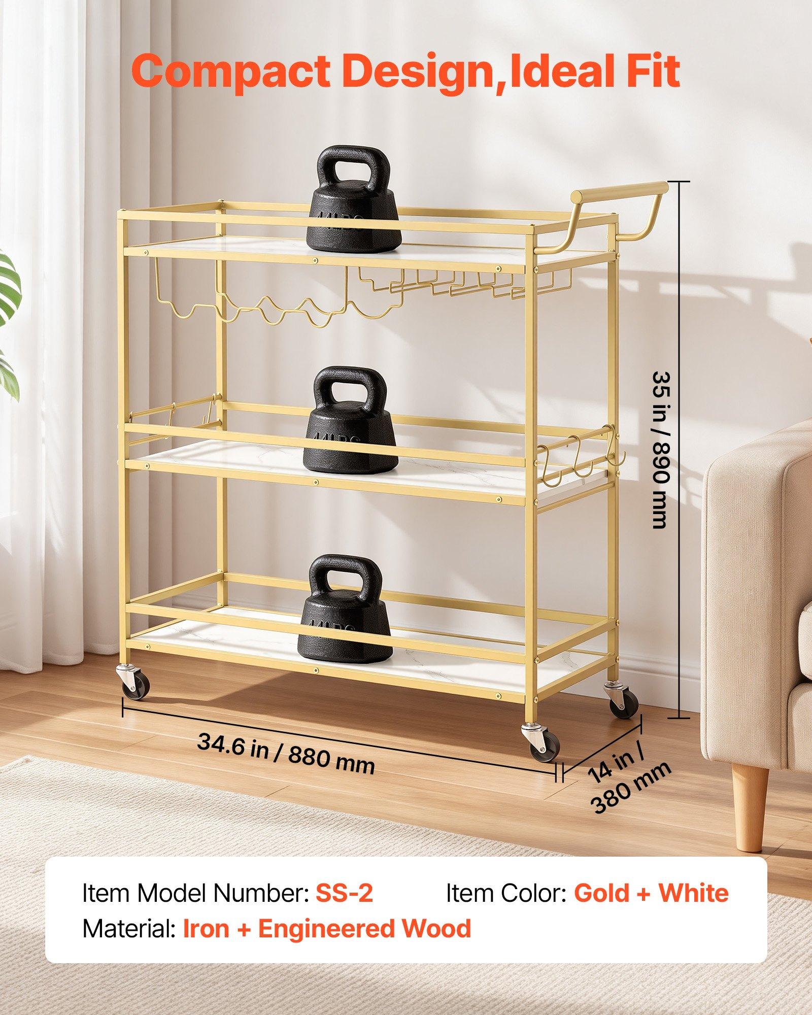 VEVOR Bar Cart Organiser, 3-Tier Modern Rolling Utility Station with Locking Wheels, Engineered Wood Shelf, Wine Rack, Glass Holder, for Bar Service & Outdoor Events, 35.83x12.99x36.81in Gold