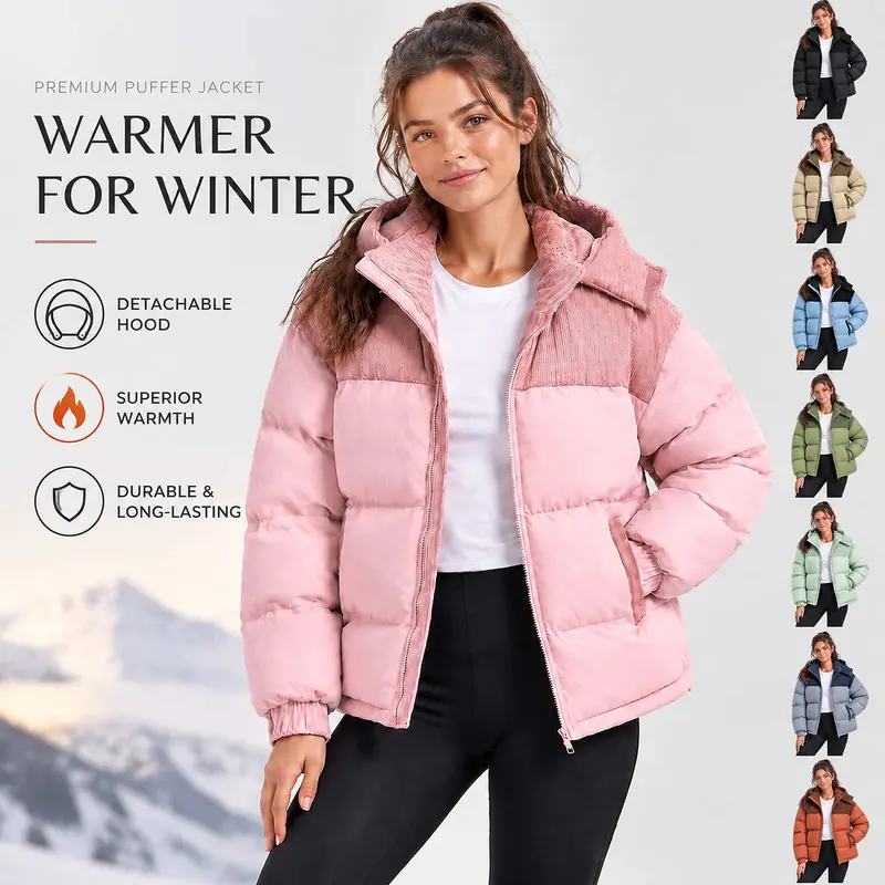 Women's Color Block Hooded Puffer Jacket, Contrast Splicing Design, Full Zipper Placket, Elastic Cuffed Sleeves, Thick Padded Warm Fabric, Multiple Color Options, Suitable for Winter Outdoor Trips, Skiing, Hiking and Daily Street Outfits