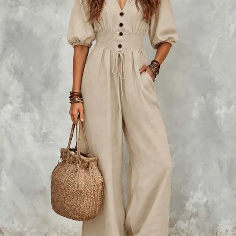 2026 New Bubble Sleeve Adjustable Drawstring Waist Romper, Casual Vacation Style, V-Neck Button Front, Loose Fit, Boho Chic, Bohemian, Plus Size Friendly