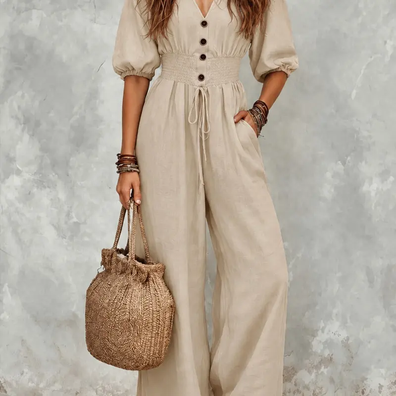2026 New Bubble Sleeve Adjustable Drawstring Waist Romper, Casual Vacation Style, V-Neck Button Front, Loose Fit, Boho Chic, Bohemian, Plus Size Friendly