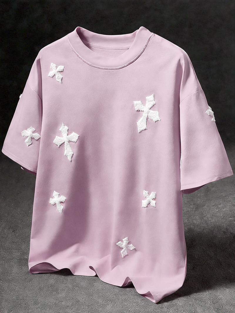 Men's Cross Stitch Embroidered Solid Color Round Neck T-Shirt, Casual Fitted Long Sleeve Top for All Seasons, Sporty College Style