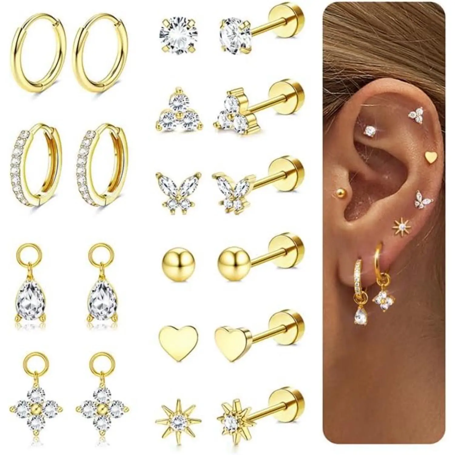 CASSIECA Stud Earrings Stack 14K Gold Plated/Silver Surgical Steel, Hypoallergenic Flatback Cartilage Earrings with Charms, Non Tarnish Multiple Piercing Jewelry for Women with Sensitive Ears Sohochic