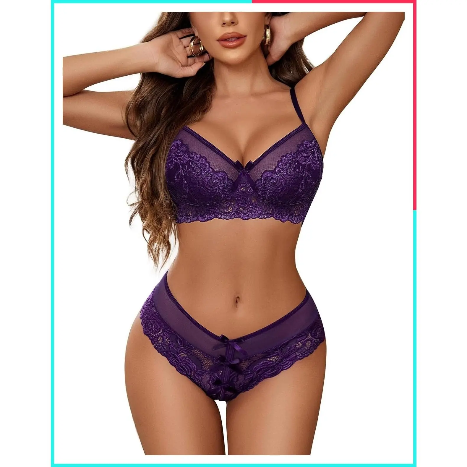 Women's 2-Piece Lace & Mesh Patchwork Lingerie Set - Bra and Panty with 5-Row Hook-and-Eye Back Closure, Valentine's Day Lingerie
