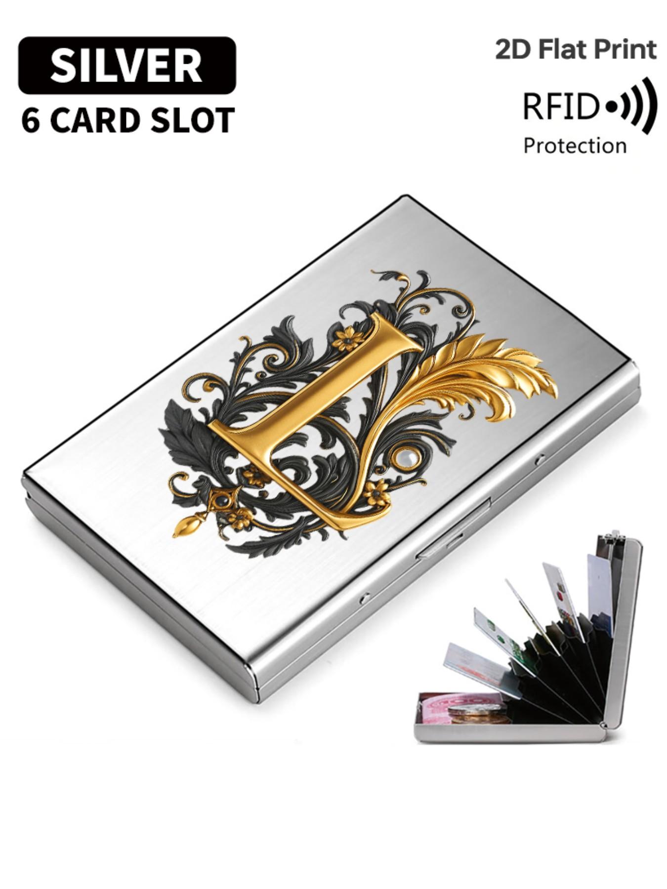 Luxury Gold Baroque Letter L Print Rfid Metal Card Holder, Card Slot, Multi-Layer Stainless Steel, Ultra-Thin Magnetic Closure, Perfect Gift