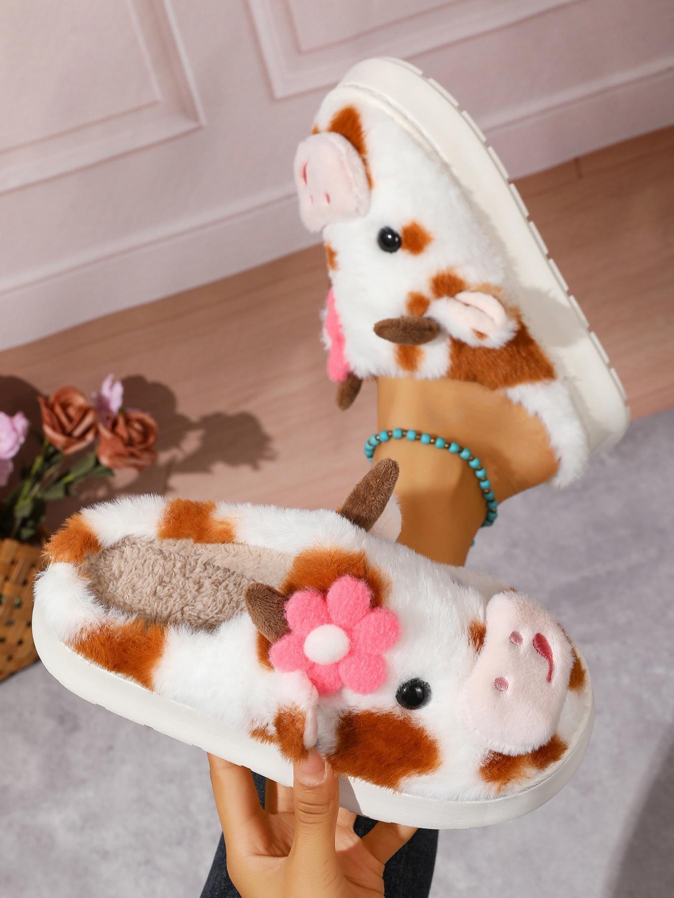 Women's Cute Cow Design Plush Slippers, Warm Bedroom Soft Slippers, Indoor Outdoor Silent Non-Slip Slippers, Casual Animal Pattern,Christmas Gifts For GF