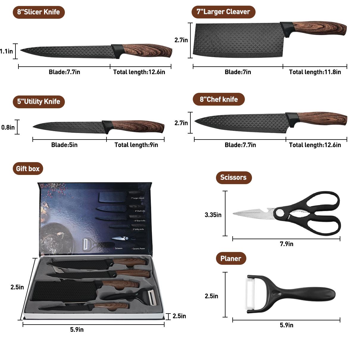 6 Piece Kitchen Knife Set - Chef Knife Set with Non-Stick Stainless Steel and Ergonomic Wood Handle - Kitchen Knives, Block Knife Block Wooden